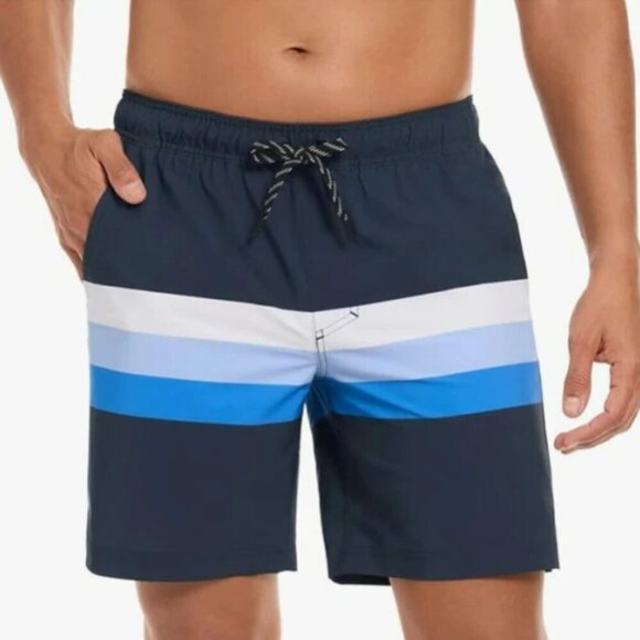 NEW Hurley Men's XL Regular Fit Swim Shorts Navy Blue & Striped Polyester - Picture 1 of 6